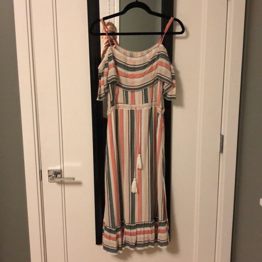 Striped off the shoulder dress with cinched waist